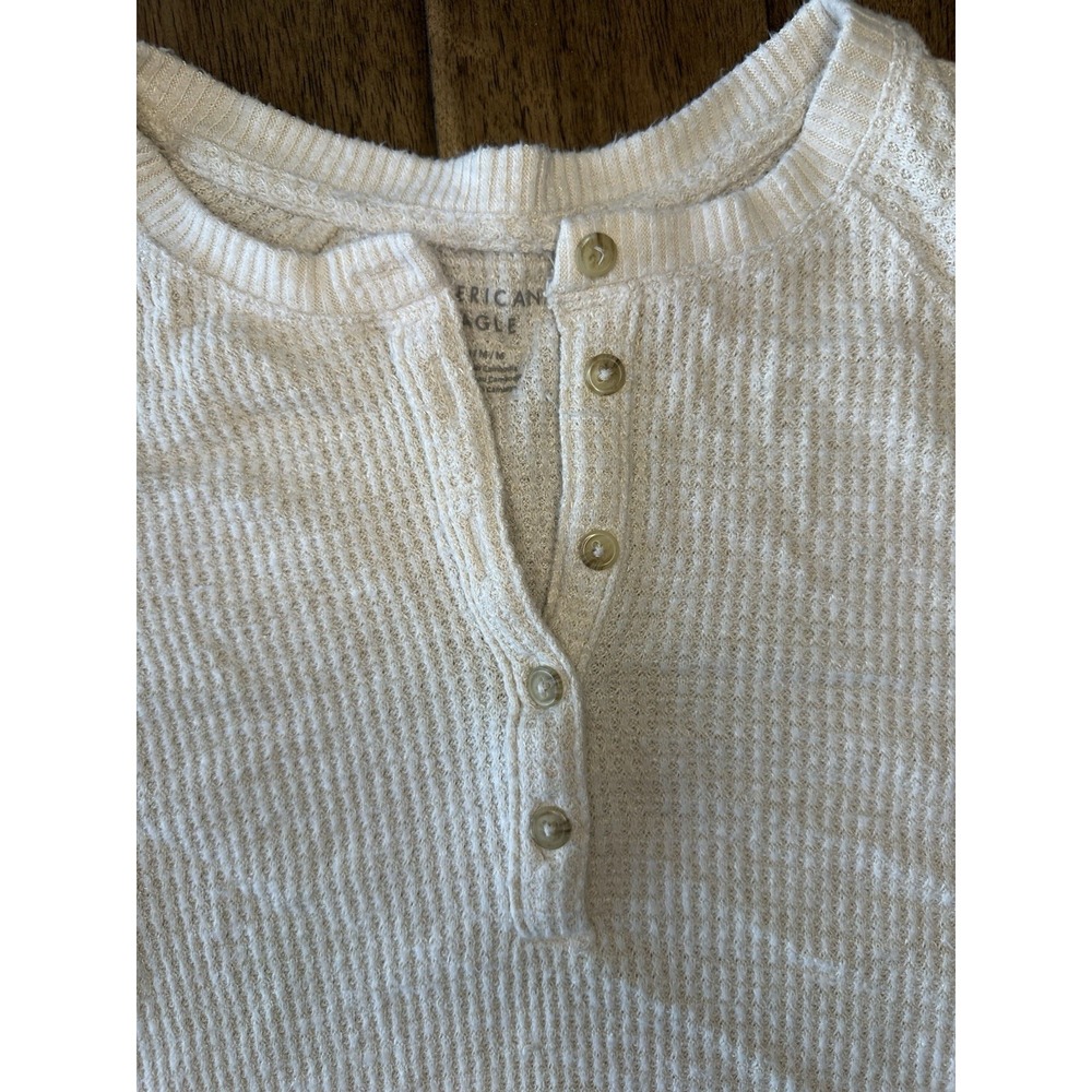 American Eagle Womens Heather Beige Plush Long Sleeve Henley T-Shirt M A12